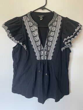 Ralph Lauren Embroidered Flutter Cap Sleeve Top Black Size Large